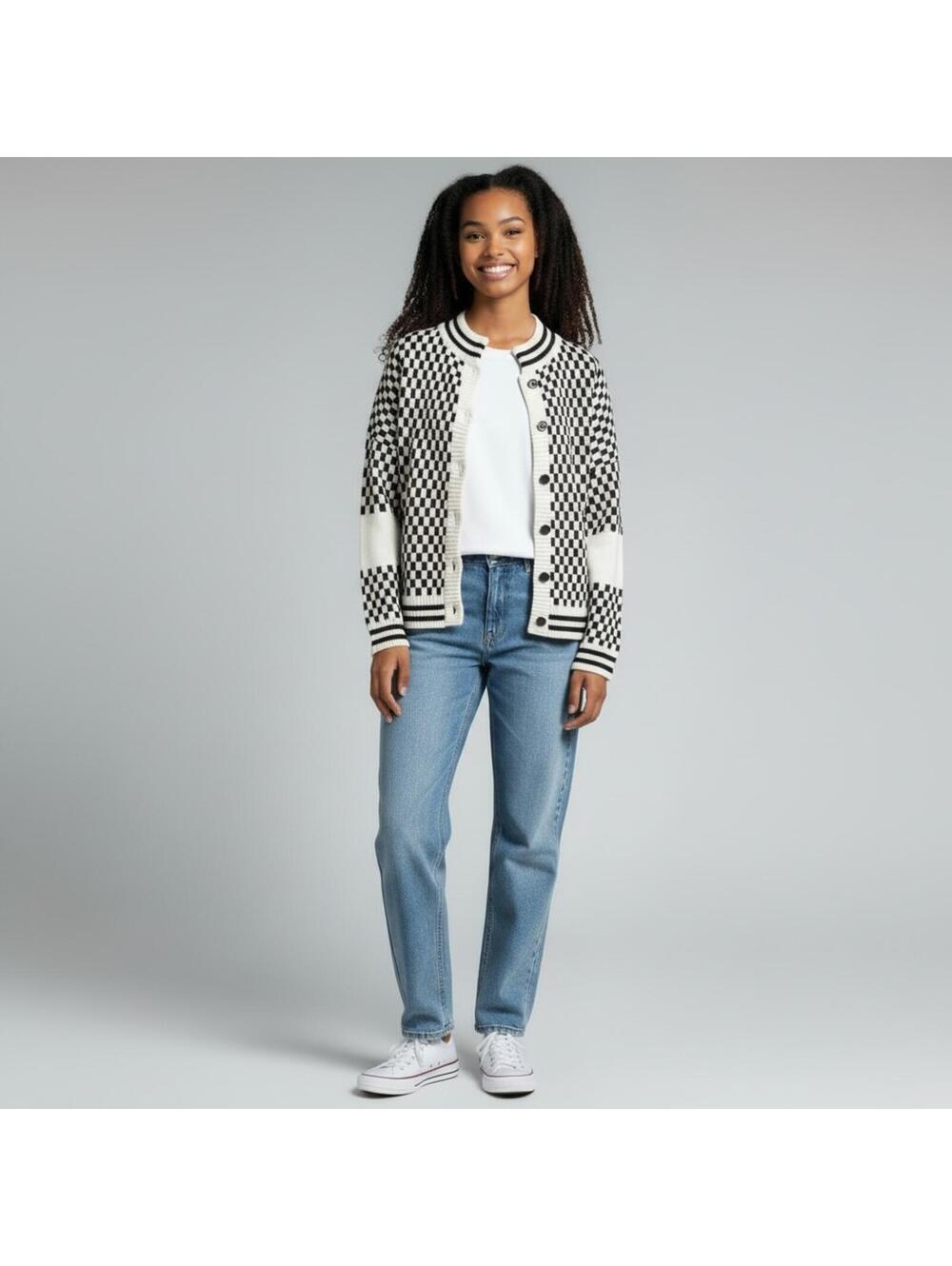 Dressed in Lala Get What I Want Grandpa Check Cardigan in Black And White - L/XL